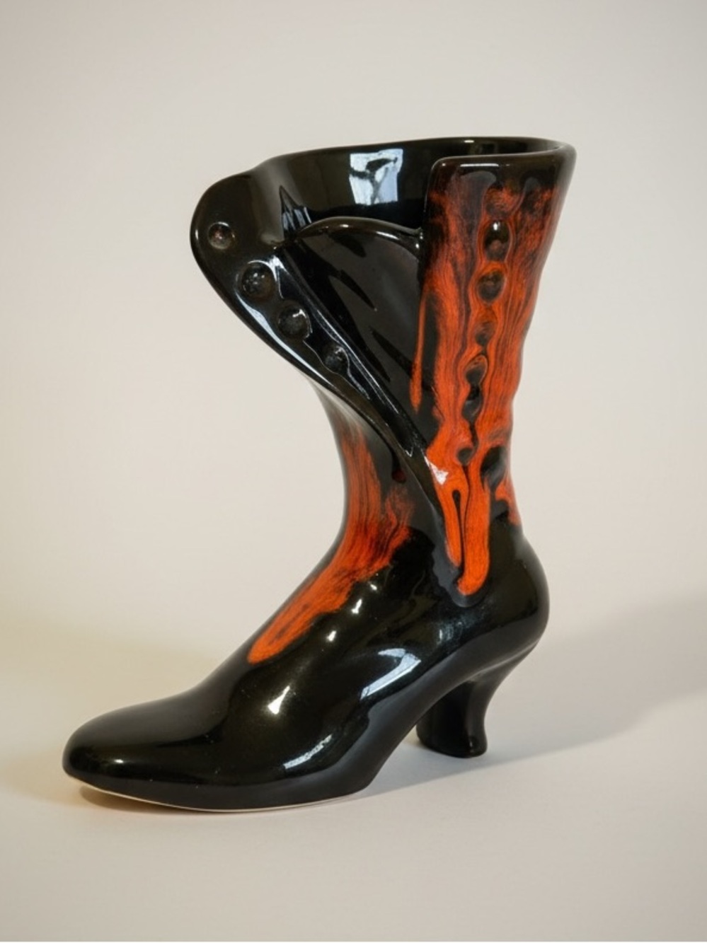 Vintage Red Clay Ceramic Boot Shoe Vase Planter Black Orange Drip Glaze